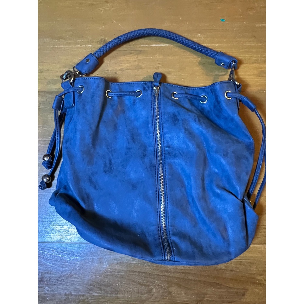 Cato Women Blue Faux Suede Bucket Bag Braided‎ Strap Vertical Zip Hobo Handbag